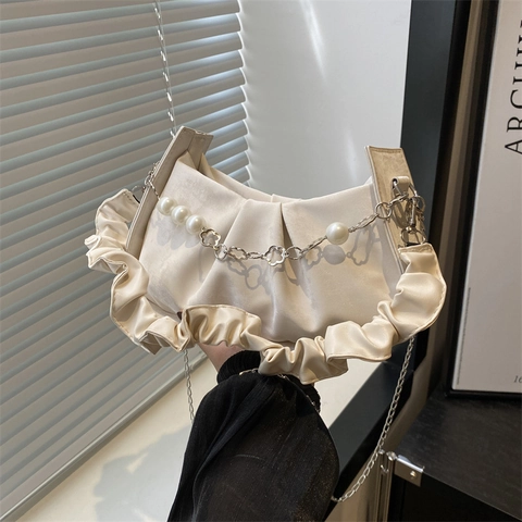Sac Bandoulière Plissé de Luxe pour Femmes Chaîne en Perles et Fleurs Sac à Épaule Petit Cuir Pu Sac Hobo Mode