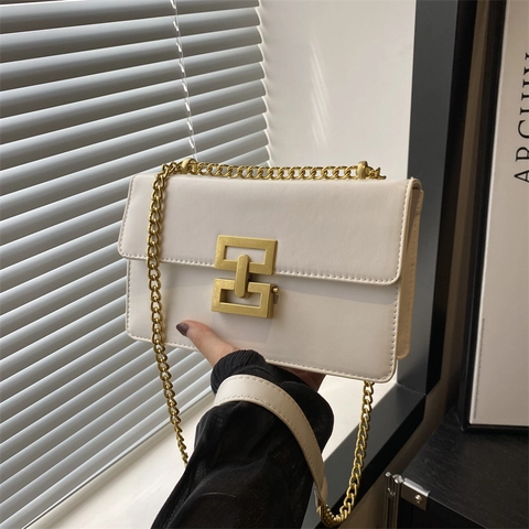 Bolso de Hombro de Cuero PU para Mujer Moda Casual de Color Sólido con Correa de Cadena de Metal y Cierre Geométrico