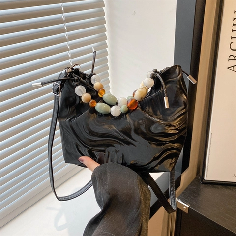 Borsa a Secchiello da Donna con Stampa a Marmo e Manico in Perline Moda Borsa a Tracolla in Pelle PU con Coulisse