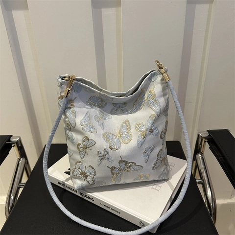 Women Fashion Embroidered Bucket Bag Large Capacity Jacquard Butterfly Bamboo Leaf Pattern Shoulder Crossbody Bag