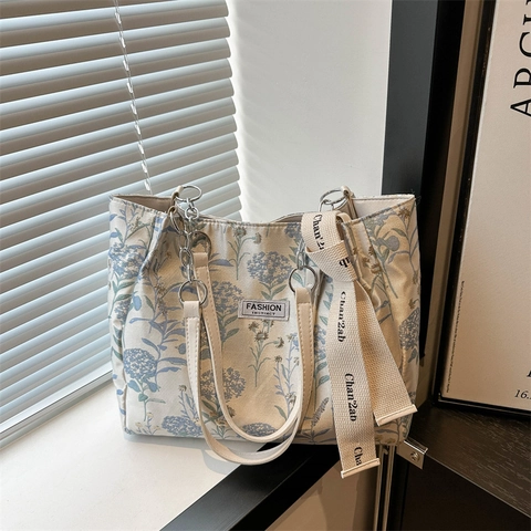Borsa Tote Estetica in Tela Floreale Per Donna Stampa Ortensia Capacità Borsa a Tracolla Nastro Catena Borsetta Casual Quotidiana