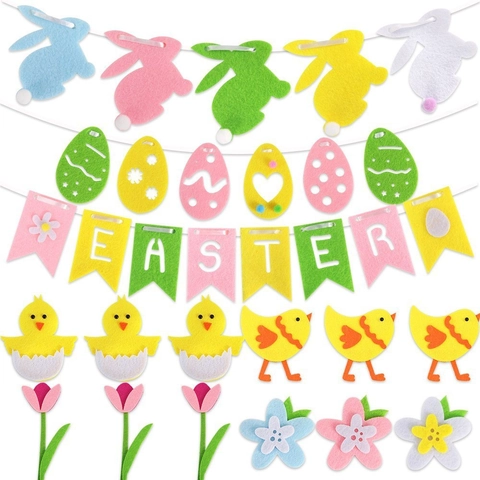 Decoraciones de Fieltro de Pascua Conejo Pollito Huevos Pancarta Banderines Pegatinas de Pared para Hogar Fiesta DIY Adornos