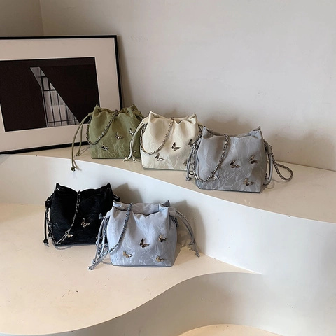 Women Designer Butterfly Decoration Pleated PU Leather Bucket Bag Drawstring Crossbody Shoulder Chain Bag For Daily Office