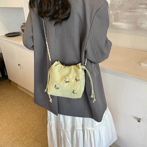 Women Designer Butterfly Decoration Pleated PU Leather Bucket Bag Drawstring Crossbody Shoulder Chain Bag For Daily Office
