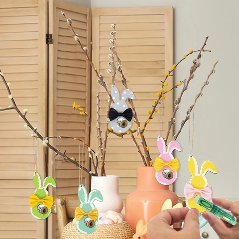 Pendentif Lapin de Pâques en Bois Porte-Monnaie Avec Nœud Lapin Coloré Ornement Suspendu pour Décoration de Table de Fête Cadeau