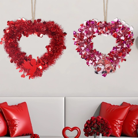 Valentine Day Heart Wreath PET Tinsel Sequin Garland For Wedding Party Home Wall Door Romantic Hanging Ornament Decor