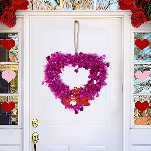 Saint-Valentin Couronne de Coeur en Plastique Décoration de Fête Romantique PET Paillettes Guirlande Suspendue Pour Maison Porte Mur Mariage