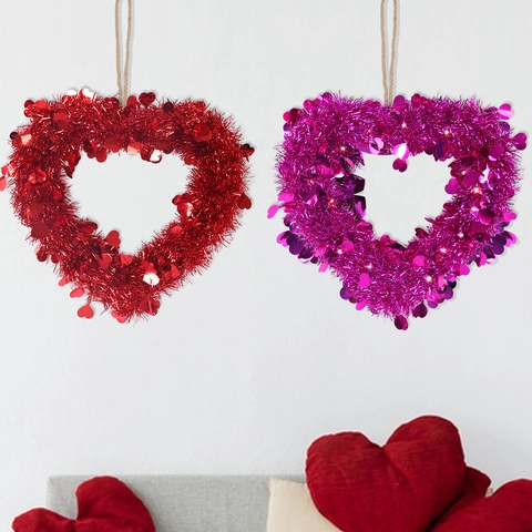 Saint-Valentin Couronne de Coeur en Plastique Décoration de Fête Romantique PET Paillettes Guirlande Suspendue Pour Maison Porte Mur Mariage