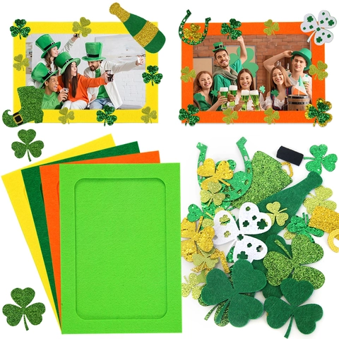 Saint Patrick Day DIY Felt Photo Frame Set Glitter Shamrock Lucky Clover Irish Festival Party Decor Home Ornament Craft