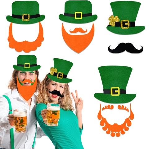 Set Déguisement Saint-Patrick Haut-de-Forme en Feutre Vert Avec Boucle Dorée Barbe Orange Leprechaun Accessoires Fête Festival Irlandais