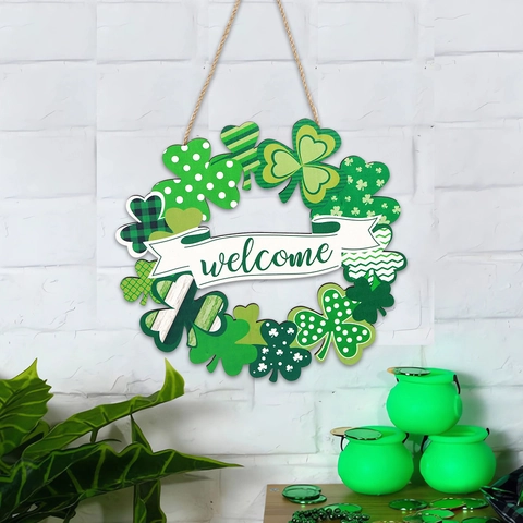 Wood St Patricks Day Door Hanging Sign Shamrock Leprechaun Hat Gold Coin Luck Pattern Irish Festival Wall Decor For Party Home Office