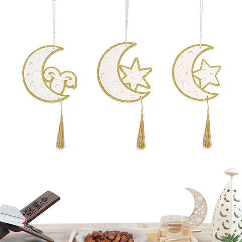 Wood Eid Ramadan Mubarak Moon Star Sheep Hanging Ornament With Gold Tassel White Glitter Festive Party Wall Decor