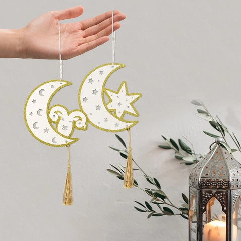 Wood Eid Ramadan Mubarak Moon Star Sheep Hanging Ornament With Gold Tassel White Glitter Festive Party Wall Decor