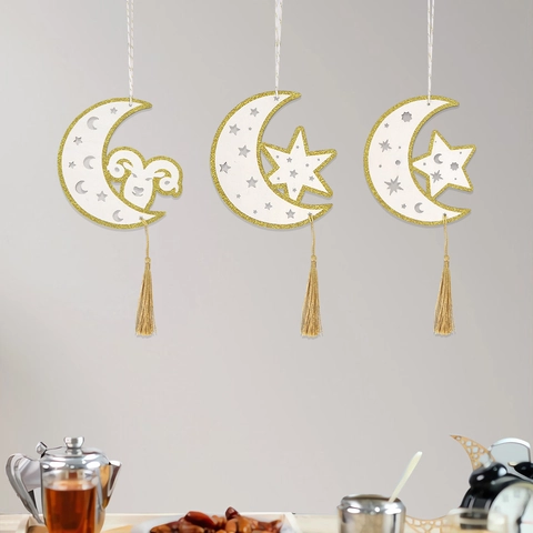 Ramadan Holz Mond Stern Hängende Dekoration Mit Gold Quasten Eid Mubarak Home Deko Hohl Mond Schaf Stern Wandkunst Anhänger Festliches Handwerk Geschenk