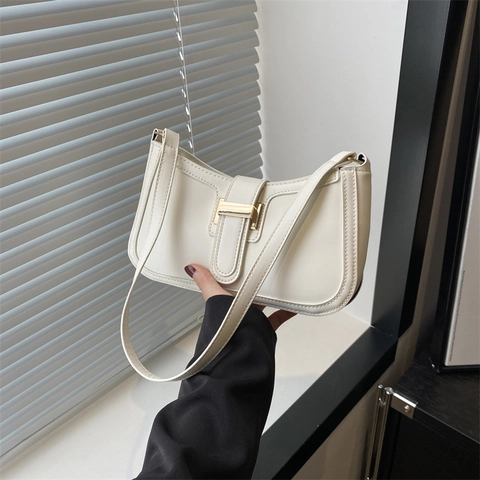 Bolso de Axila de Media Luna de Cuero PU Vintage para Mujer Bolso de Bandolera Minimalista Color Sólido Con Hebilla de Metal