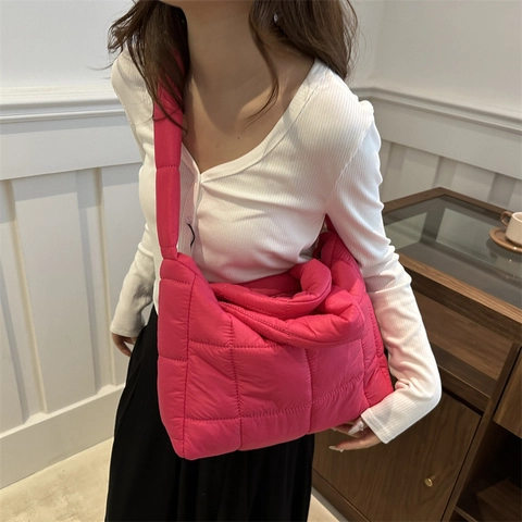 Women Quilted Puffer Tote Bag Minimalist Solid Color Casual Shoulder Bag Large Capacity Handbag Streetwear Crossbody Puffer Bag For Female