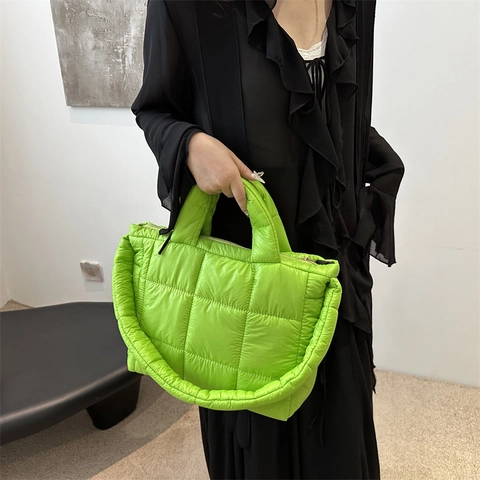 Women Fashion Quilted Puffy Tote Bag Canvas Minimalist Shoulder Bag Solid Color Large Capacity Lightweight Handbag Travel
