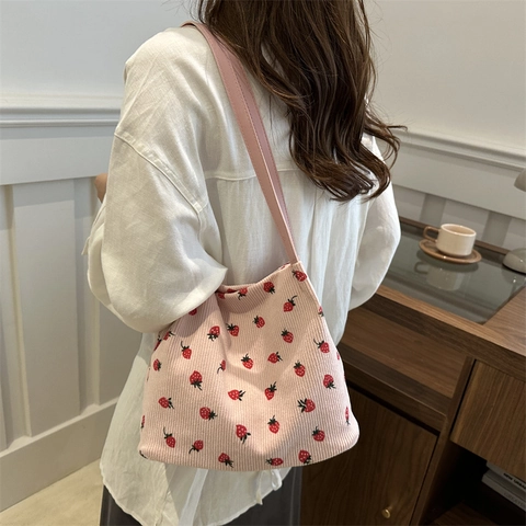 Women Cute Strawberry Print Corduroy Shoulder Bag Large Capacity Printed Canvas Tote Casual Sweet Fresh Bucket Underarm Bag