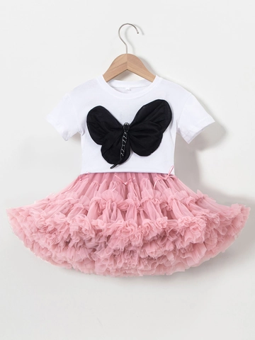 Kleinkind Mädchen Sommer Kleidung Outfit Kurzarm Baumwolle Top Mit Netz Tutu Rock Prinzessin Schleife Strass Bekleidung