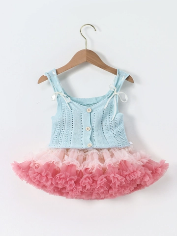 Girls Knitted Vest And Tutu Skirt Two-Piece Set Summer Hollow Out Sleeveless Top Mesh Rainbow Tulle Dress Kids Sweet Outfit
