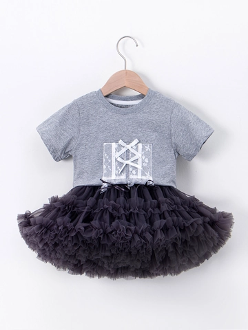 Ensemble Deux Pièces pour Filles T-Shirt en Coton à Manches Courtes en Dentelle et Jupe Tutu en Maille Multi-couches Tenue de Princesse d'Été avec Nœud