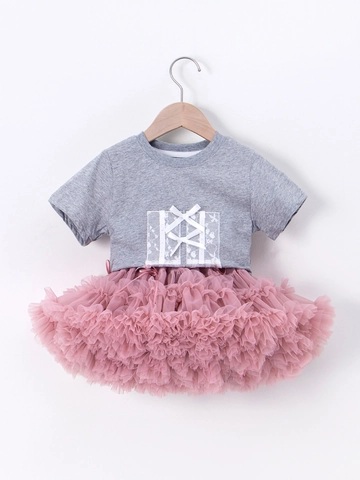 Ensemble Deux Pièces pour Filles T-Shirt en Coton à Manches Courtes en Dentelle et Jupe Tutu en Maille Multi-couches Tenue de Princesse d'Été avec Nœud