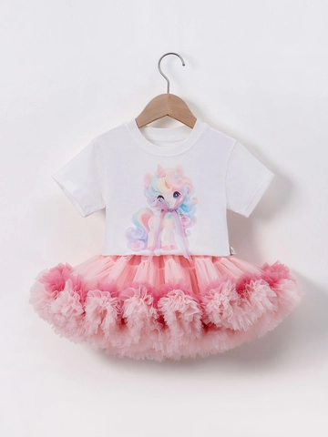 Mädchen Einhorn T-Shirt und Tutu Rock Set Sommer Kurzarm Baumwolle Netz Rüschen Regenbogen Outfit für Kleinkinder