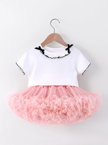 Mädchen Sommer Bekleidungsset Kurzarm Rüschen T-Shirt Und Rosa Netz Tutu Rock Zweiteiler Süßes Lässiges Outfit Für Kinder