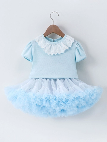 Mädchen Sommer Kleidungsset Hohlspitze Kragen T-Shirt Und Tutu Netzrock Süße Prinzessin Kurzarm Top Und Rock Outfit