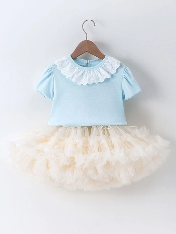 Mädchen Sommer Kleidungsset Hohlspitze Kragen T-Shirt Und Tutu Netzrock Süße Prinzessin Kurzarm Top Und Rock Outfit