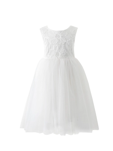 Sweet White Girl Dress Lace Mesh Tutu Flower Girl Wedding Party Gown Soft Polyester Princess Dress For Kids Three To Eight Years