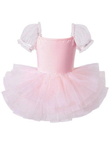 Abito Tutù da Balletto per Bambine Body da Danza con Maniche a Sbuffo Fiocco Senza Schienale Vestito da Principessa per Feste