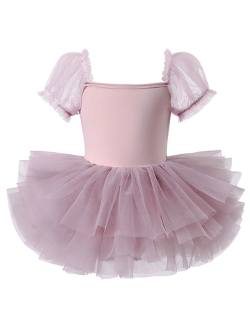 Abito Tutù da Balletto per Bambine Body da Danza con Maniche a Sbuffo Fiocco Senza Schienale Vestito da Principessa per Feste