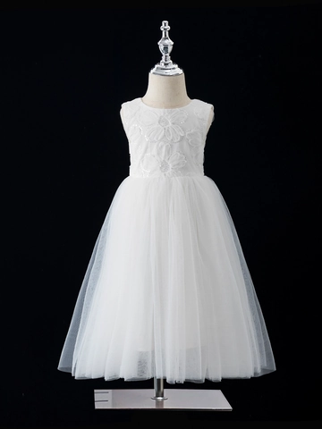 Sweet White Girl Dress Lace Mesh Tutu Flower Girl Wedding Party Gown Soft Polyester Princess Dress For Kids Three To Eight Years