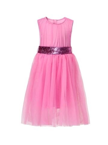 Elegante Vestido de Princesa de Malla Sin Mangas para Niñas Cinturón de Lentejuelas Tul en Capas Vestido de Fiesta Formal