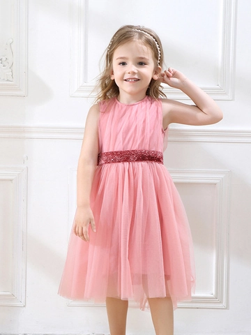 Elegante Vestido de Princesa de Malla Sin Mangas para Niñas Cinturón de Lentejuelas Tul en Capas Vestido de Fiesta Formal
