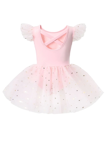 Robe Tutu de Ballet Rose pour Filles en Maille de Polyester Manches Papillon Paillettes Or Étoile Lune Danse pour Enfants
