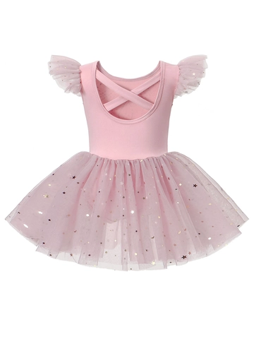 Robe Tutu de Ballet Rose pour Filles en Maille de Polyester Manches Papillon Paillettes Or Étoile Lune Danse pour Enfants
