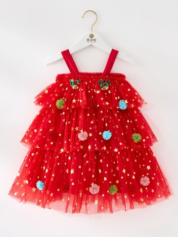 Abito da Principessa in Tulle Natalizio per Bambine Gonna Tutu a Strati con Stelle Dorate Senza Maniche con Pom Pom