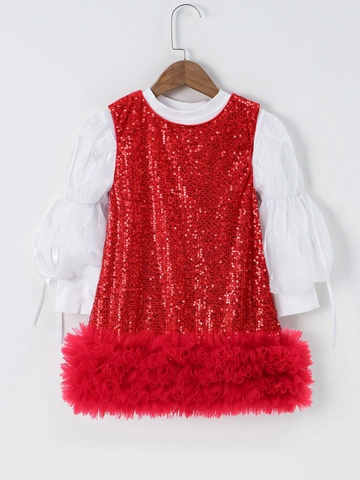 Abito da Principessa Natalizio per Bambine Paillettes Scintillanti Patchwork in Mesh Maniche a Sbuffo Festa Foderato in Cotone