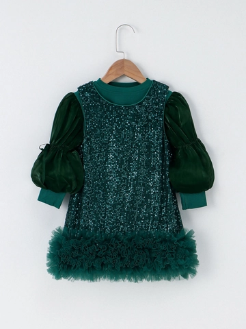 Abito da Principessa Natalizio per Bambine Paillettes Scintillanti Patchwork in Mesh Maniche a Sbuffo Festa Foderato in Cotone