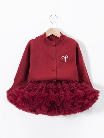 Completo di Abbigliamento Due Pezzi da Bambina Cardigan in Maglia Invernale con Ricamo a Fiocco e Gonna Tutu per Festa