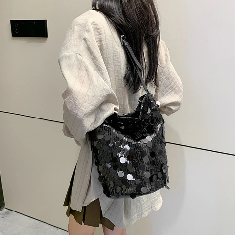 Fashion Women Sequin Bucket Bag Shiny Shoulder Crossbody Bag With Adjustable Strap Trendy Party Evening Handbag