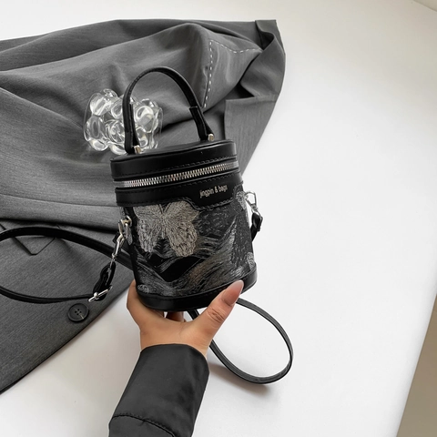 Damen Schmetterling Stickerei Beuteltasche PU Leder Zylinder Umhängetasche Mode Bedruckt Kleine Handtasche Lässige Tägliche Schultertasche
