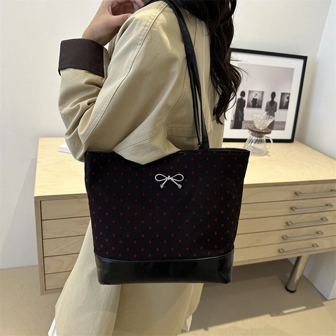 Borsa Tote da Donna in Pelle PU Grande Capacità Vintage con Fiocco Cuore Pois Stampata Borsa a Tracolla Pendolare Secchiello