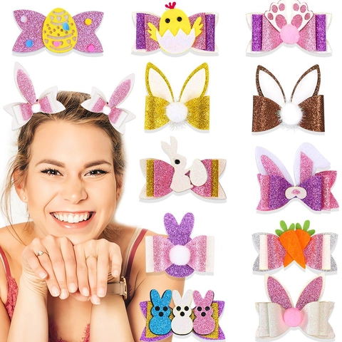 Fermaglio per Capelli a Orecchie di Coniglio di Pasqua Fiocco in Feltro Luccicante per Decorazione Festa Bambini Accessori