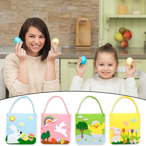 Easter DIY Felt Candy Bag For Kids Cartoon Rabbit Chick Pattern Gift Handbag Portable Festive Party Decoration Bag