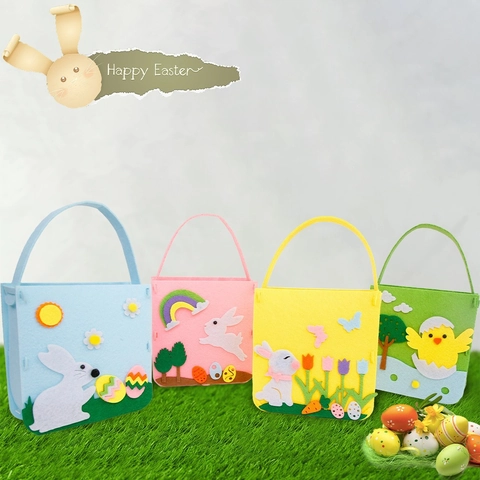 Easter DIY Felt Candy Bag For Kids Cartoon Rabbit Chick Pattern Gift Handbag Portable Festive Party Decoration Bag