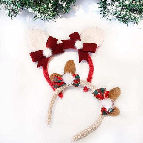 Christmas Reindeer Antlers Headband For Women Kids Plush Cloth Ears Bowknot Hairband Party Decoration Xmas Headpiece Ornament