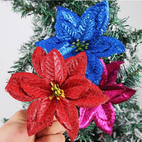 Glitter Christmas Artificial Flowers Poinsettia Hanging Decorations For Christmas Tree Wreath Wedding Party Home Festive Decor